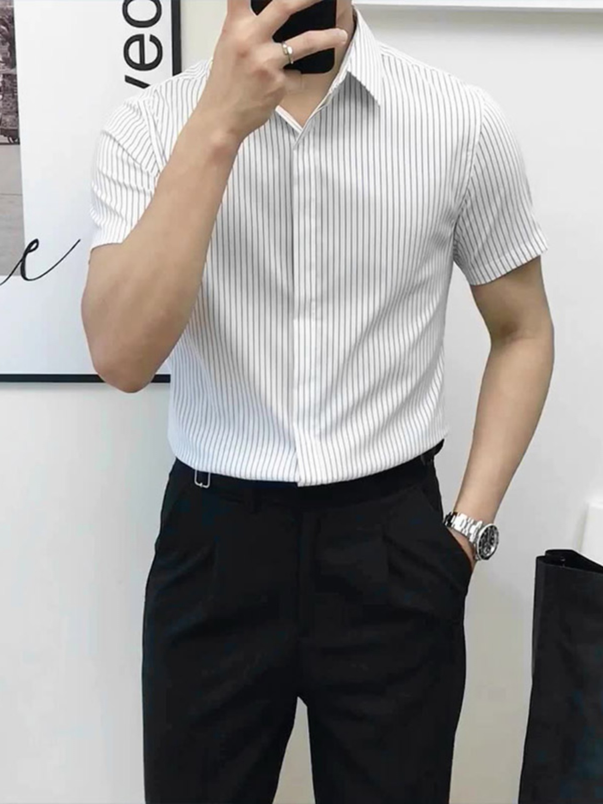 Men'S Urban Formal Wear - Kemeja Lengan Pendek Slim Fit Bergaris